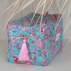 Trousse de toilette Blockprint Fez bleu rose fleur L