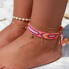 Enkelbandje cotton aztec pink golden coin