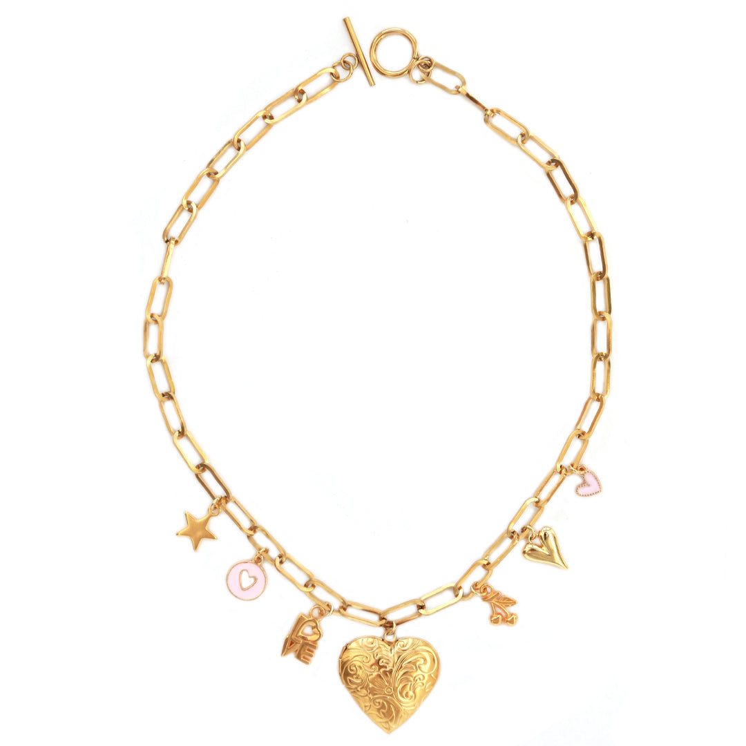 Gouden schakelketting love heart