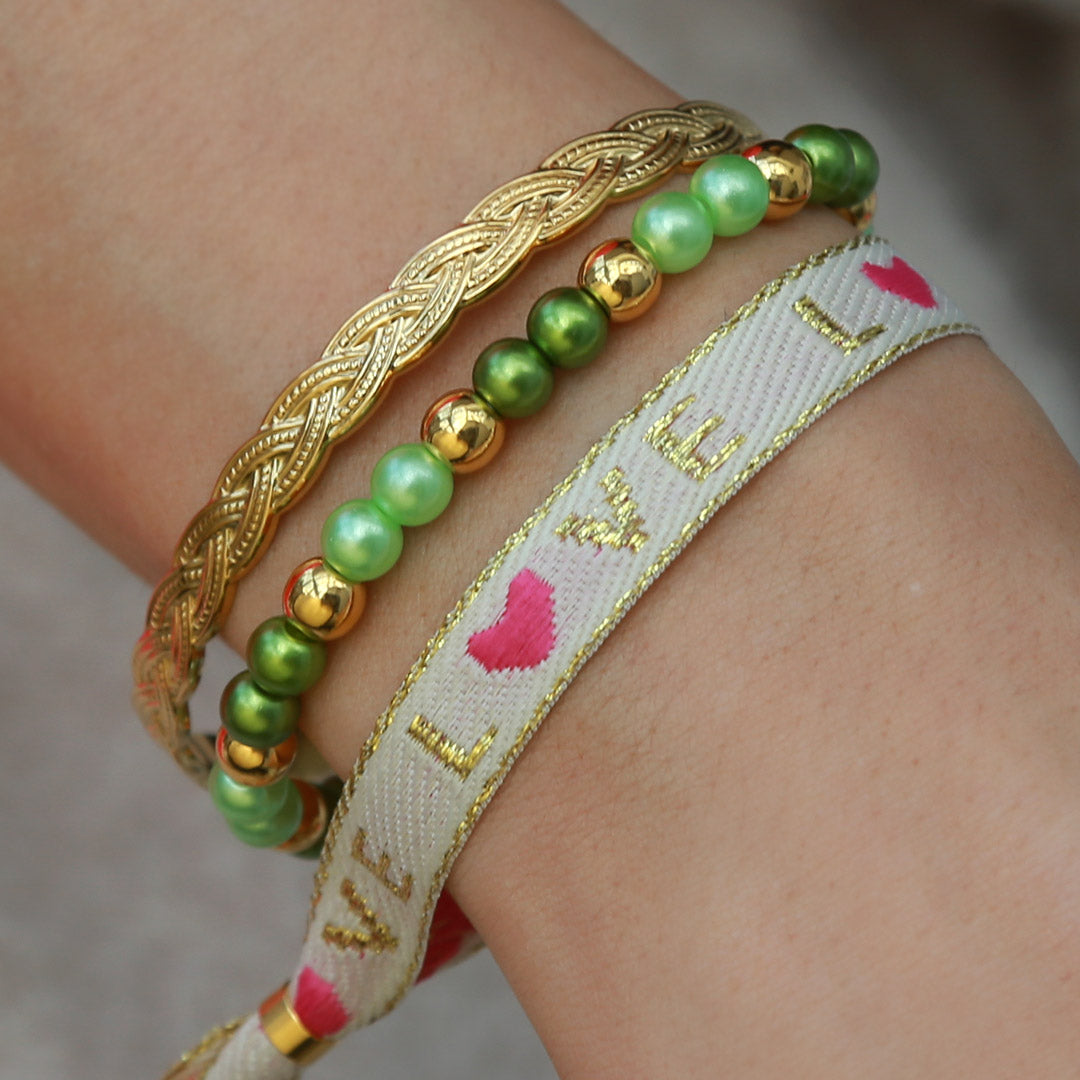 Geweven armbandje creme love gold