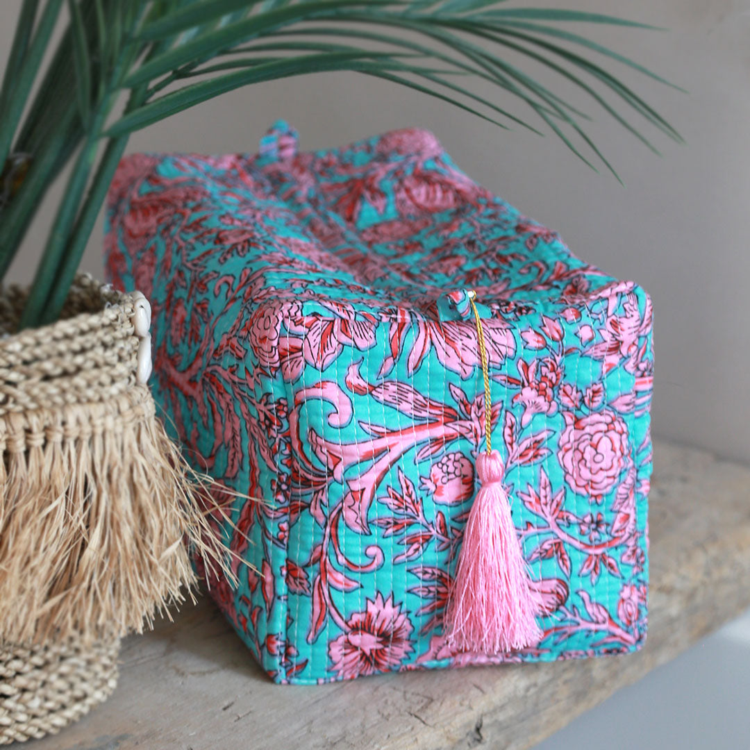 Blockprint toilettas Fez blue pink flower L