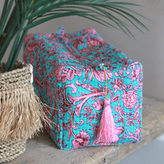 Blockprint toiletry bag Fez blue pink flower L