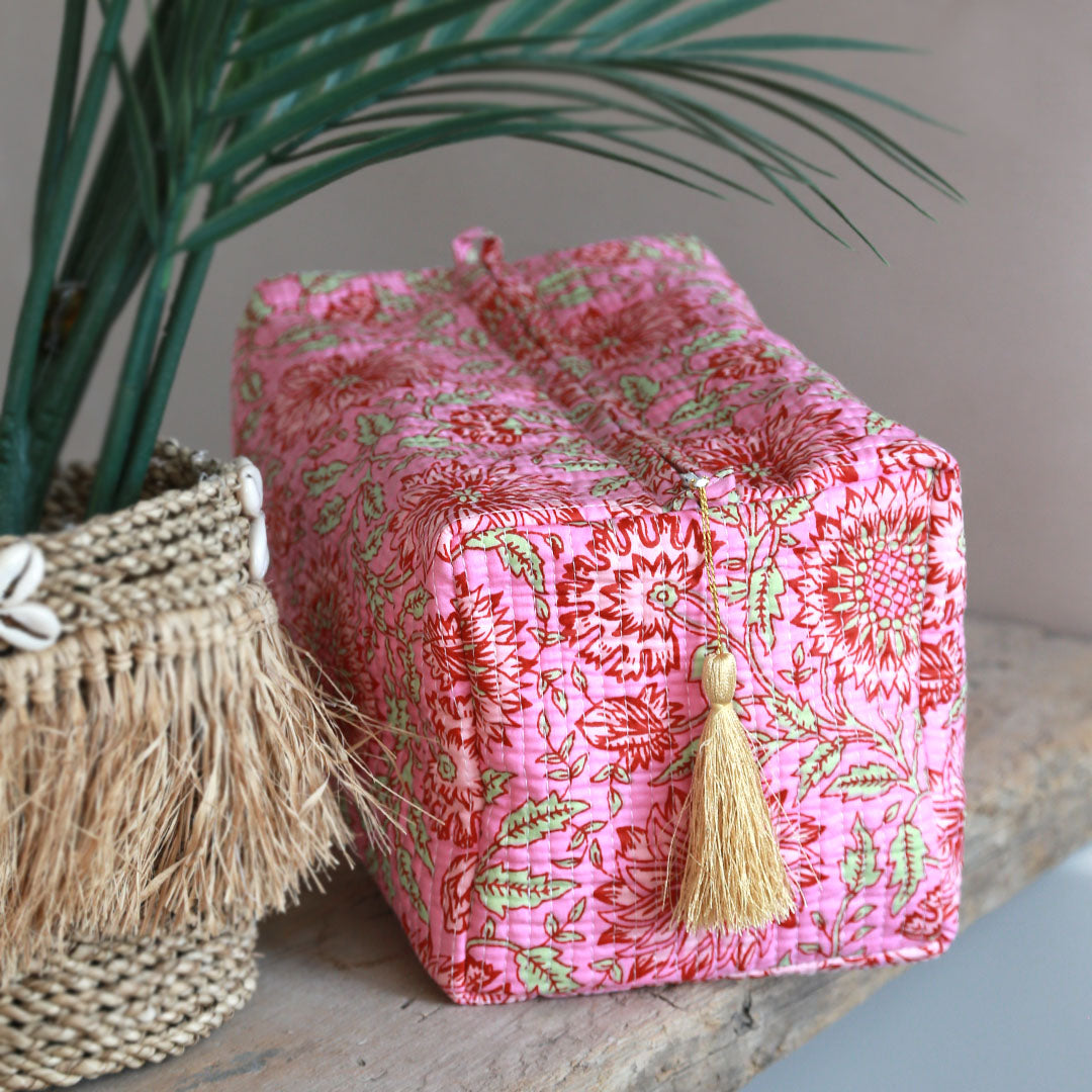 Blockprint toiletry bag Fez pink flower L