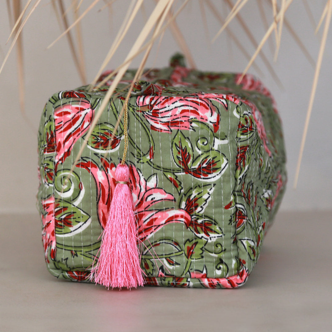 Trousse de toilette Blockprint Fez fleur olive M