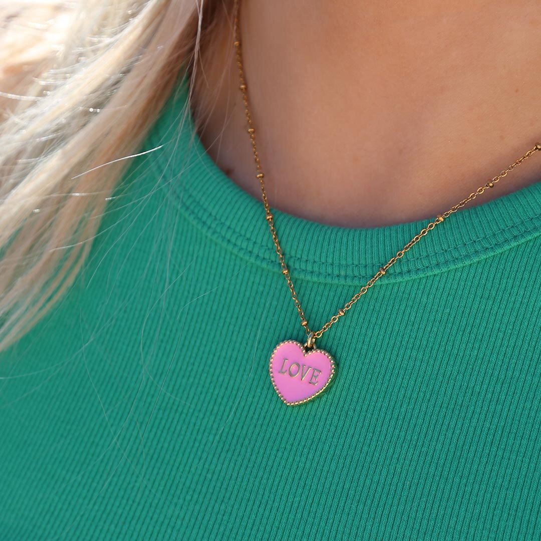 Gold necklace pink heart love